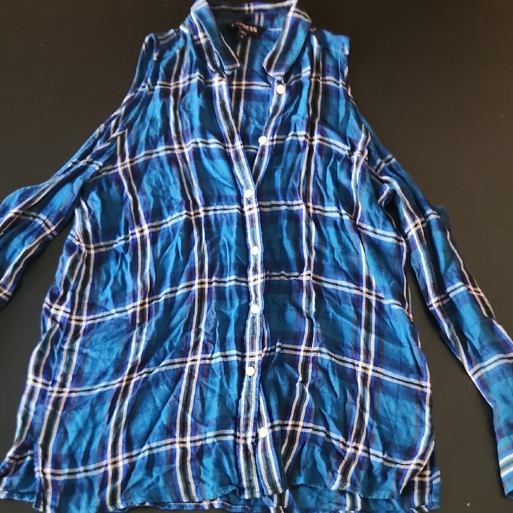 Express Blue Plaid Button Down Shirt W Cut Out Shoulders Lightweight Casual Prep